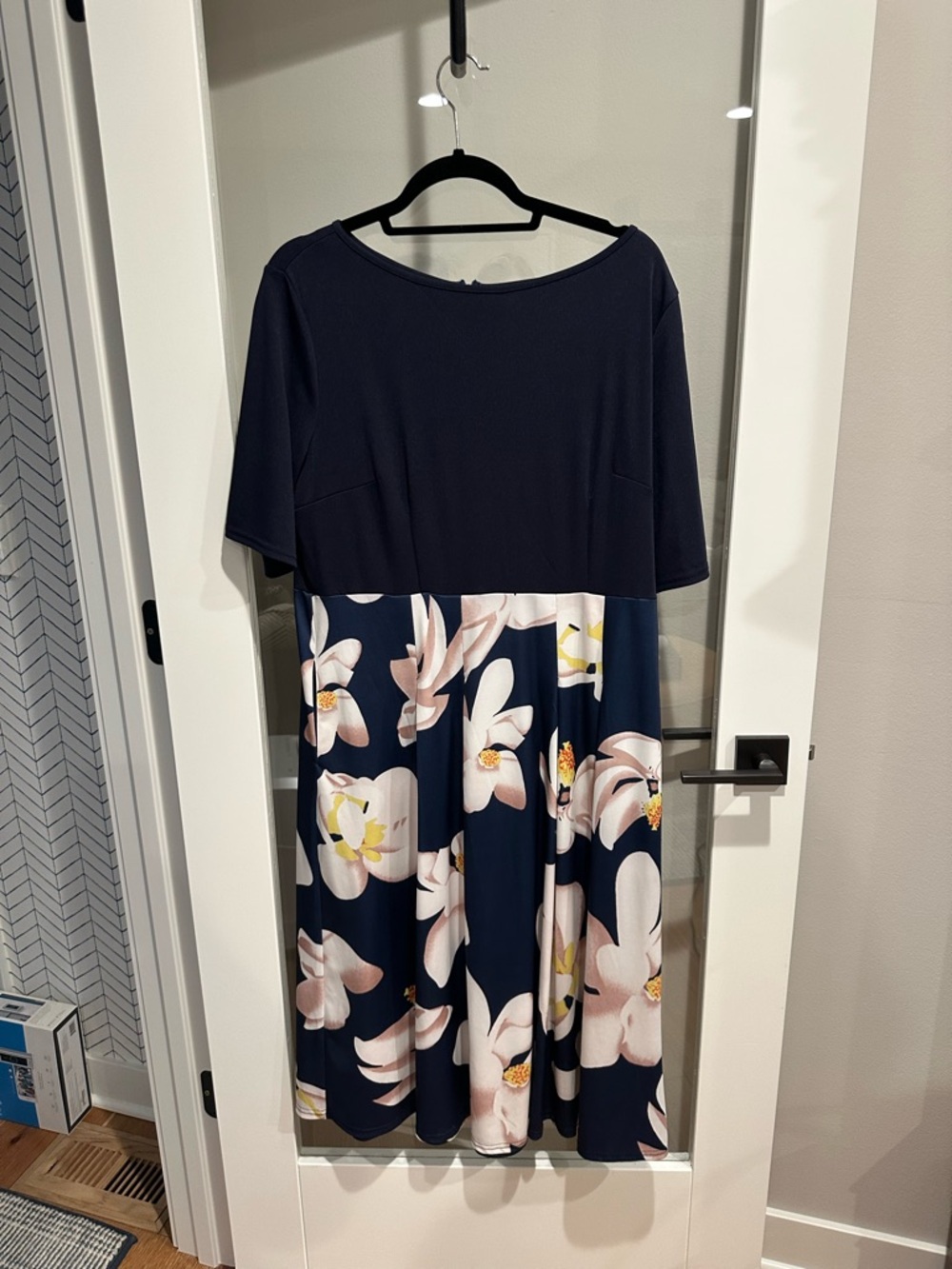 Navy Floral Midi Dress with Blush and Cream Blooms